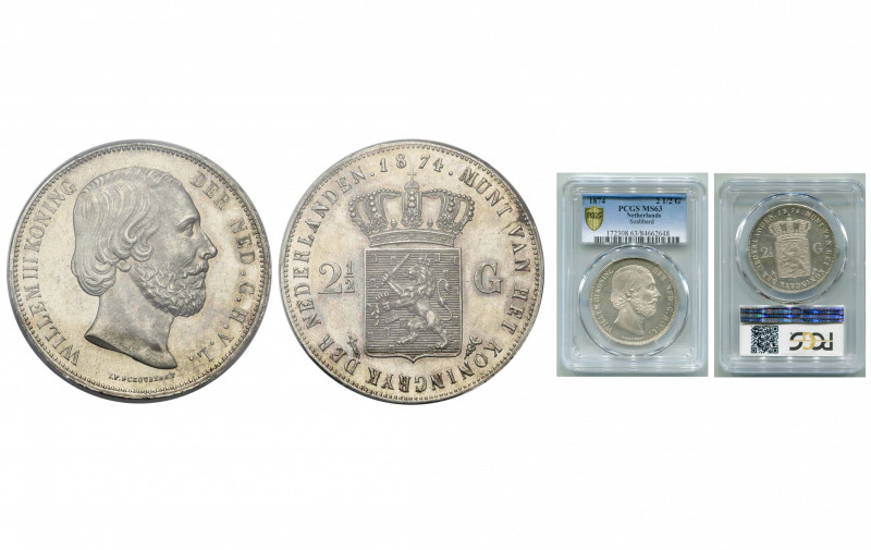 NEDERLAND, Koninkrijk, Willem III (1849-1890), AR 2 1/2 gulden, 1874. Sch. 600; ...