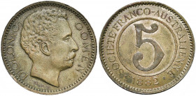NOUVELLE-CALEDONIE, Digeon & Co., Soc. Franco-Australienne, nickel 5 francs, 1882. Sans C.T. au droit. Lecompte 10. Rare Patine foncée. Coups sur la t...