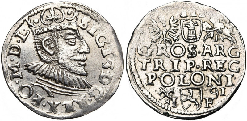 POLOGNE, Sigismond III Wasa (1587-1632), AR 3 Groschen, 1591IF, Poznan. D/ B. co...