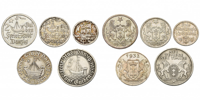 POLOGNE, DANZIG, Ville libre (1920-1939), lot de 5 p.: 2 gulden 1923, 1 gulden 1...