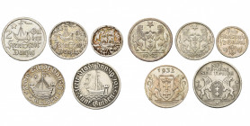 POLOGNE, DANZIG, Ville libre (1920-1939), lot de 5 p.: 2 gulden 1923, 1 gulden 1923, 1/2 gulden 1923, 2 gulden 1932, 5 gulden 1935 (rare, griffes et d...