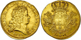 PORTUGAL, Joao V (1706-1750), AV peça (6400 reis ou 4 escudos), 1725. D/ B. l. à d. R/ Ecu de Portugal dans un cartouche orné et couronné. Gomes 127.0...