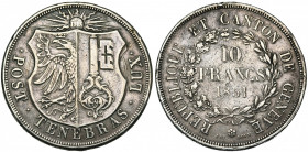 SUISSE, GENEVE, Ville et canton, AR 10 francs, 1851. D.T. 279b; Dav. 374. Rare Coups sur la tranche.
Beau à Très Beau (Fine - Very Fine)