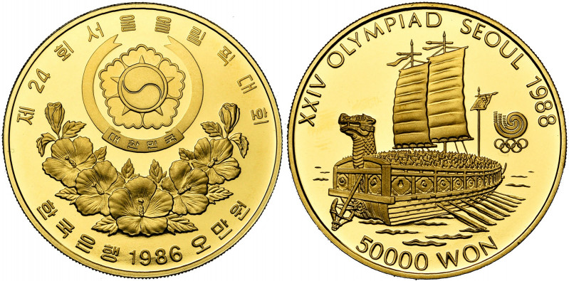 KOREA, South Korea, Republic (1948-), AV 50000 won, 1986. 1988 Olympics. Turtle ...
