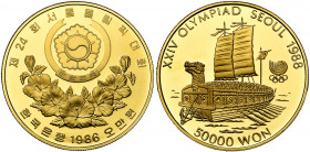 KOREA, South Korea, Republic (1948-), AV 50000 won, 1986. 1988 Olympics. Turtle ship. Fr. 7. In original case, with certificate.
Proof (Proof)