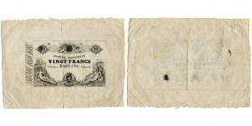 BELGIQUE, Banque Nationale, 20 francs, s.d. (1850). Série provisoire (Noir). Epreuve uniface sans date, numéro ni signature. De la plus haute rareté T...