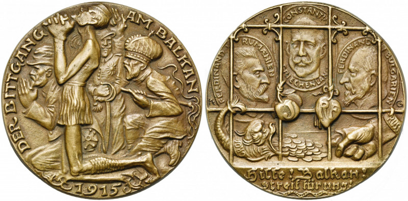 ALLEMAGNE, AE médaille, 1915, Goetz. La procession des Balkans. D/ Poincarré, un...