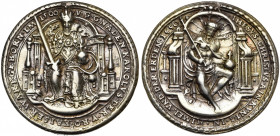SAINT EMPIRE, AR médaille, 1550, C. Welcz. 50e anniversaire de Charles Quint. D/ L''empereur trônant de f., ten. une épée et un globe crucigère. R/ Le...