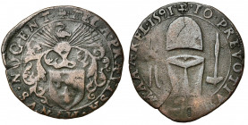 PAYS-BAS MERIDIONAUX, Cu jeton, 1591. Jean Prévost, maître de la Monnaie. D/ + TELA PRAEVTSA MINVS NOCENT Ecu heaumé, à trois fers de lance. R/ + IO P...