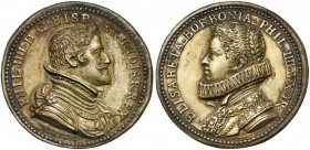 PAYS-BAS MERIDIONAUX, AR doré médaille, s.d. (vers 1630), J. de Montfort. Philippe IV d''Espagne et son épouse Elisabeth de Bourbon. D/ B. cuirassé du...
