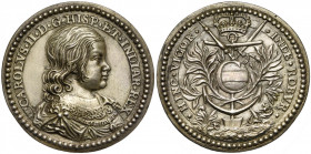 PAYS-BAS MERIDIONAUX, AR médaille, 1668, Adrien Waterloos. Paix d''Aix-la-Chapelle. D/ B. enfantin de Charles II à d., portant le collier de la Toison...
