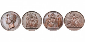 BELGIQUE, lot de 2 médailles de L. Wiener: 1853, Majorité du Duc de Brabant (nettoyée); 1855, 25e anniversaire de l''Indépendance. AE, 75 mm.
Superbe...