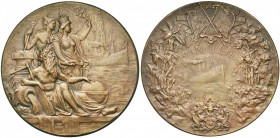 BELGIQUE, AE médaille, 1911, Dupuis. 25e anniversaire de la Norddeutschen Lloyd à Anvers. D/ Mercure, Germania et l''Escaut regardant un navire de la ...