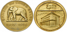 CONGO BELGE, AR doré médaille, 1959, De Greef. Cinquantenaire de la Banque du Congo belge. D/ Eléphant à g. R/ Dans le registre supérieur, le siège de...