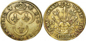 FRANCE, Laiton jeton, 1556. Conseil du roi - Occupation royale de Metz et de la Lorraine. D/ NIL NISI CONSILIO Trois lis dans un trilobe, sous la cour...