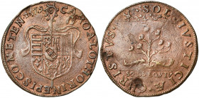 FRANCE, Cu jeton, 1579. Charles II de Lorraine, évêque de Metz. D/ Ecu posé sur une crosse. R/ CHRISTVS SOL IVSTICIAE Une plante à sept fleurs, sous l...