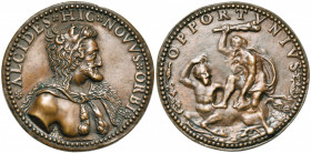 FRANCE, AE médaille, 1602, Danfrie. Victoire sur la Savoie et conquête de la Bresse. D/ ALCIDES HIC NOVVS ORBI B. d''Henri IV à d., tel Hercule, vêtu ...