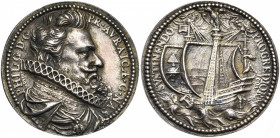 FRANCE, AR médaille, 1605, G. Dupré. Philippe Guillaume, prince d''Orange, comte de Breda et Nassau. D/ B. cuir. à d. R/ SVSTINENDO- PROGREDIOR Navire...