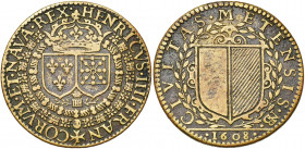 FRANCE, Laiton jeton, 1608, N. Briot (signé NB). Henri IV - Ville de Metz. D/ Les écus de France et de Navarre sous une grande couronne, entourés des ...