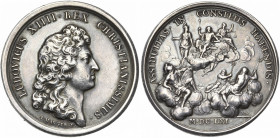 FRANCE, AR médaille, 1661, Mauger et Bernard. L''assiduité du roi à ses conseils. D/ LUDOVICUS XIIII·REX CHRISTIANISS· T. du roi à d. R/ ASSIDUITAS IN...