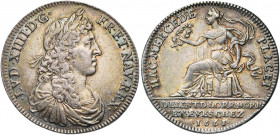 FRANCE, AR jeton, 1661. Intendance de Lorraine, de Bar et des trois évêchés. D/ B. juvénile de Louis XIV à d. R/ HA MERCEDE PLACET La Lorraine assise ...