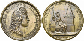 FRANCE, AE médaille, 1664, Mauger. Construction de la pyramide des Corses à Rome. D/ T. de Louis XIV à d. R/ OB NEF. SCELLUS A CORSIS EDIT. IN ORAT. R...