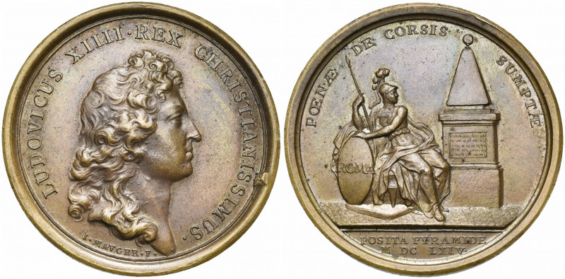 FRANCE, AE médaille, 1664, Mauger. Construction de la pyramide des Corses à Rome...