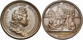 FRANCE, AE médaille, 1667, Mauger. Fondation de l''académie royale de peinture et de sculpture, à Paris et à Rome. D/ T. du roi à d. R/ SCHOLAE AUGUST...