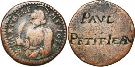 FRANCE, METZ, Cu méreau, 1672. Saint-Barthélémy. D/ B. nimbé du saint à g., ten. une palme. R/ Gravé: PAVL/ PETITJEAN. Coll. Robert 915 var. 4,30g Trè...
