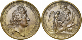 FRANCE, AE médaille, 1673. L''Electeur de Brandebourg poussé jusqu''à l''Elbe. D/ T. de Louis XIV à d. R/ A RHENO AD ALBIM PULSO BRANDEBURG EL. Victoi...