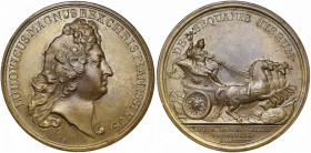 FRANCE, AE médaille, 1674, Le Blanc. Reconquête de la Franche-Comté. D/ T. de Louis XIV à d. R/ DE SEQUANIS ITERUM/ ADDITA IMPERIO GALLICO PROVINCIA L...