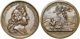 FRANCE, AE médaille, 1674, Dollin. Seconde prise de Besançon. D/ T. de Louis XIV à d. R/ VIRTUS GALLICA/ VESUNTIO ITERUM CAPTA Le fleuve Doubs couché ...
