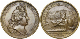 FRANCE, AE médaille, 1675, Dollin. Prise de Huy et Dinant par l''armée française. D/ T. de Louis XIV à d. R/ PROLATI AD MOSAM IMPERII SECVRITAS La Meu...