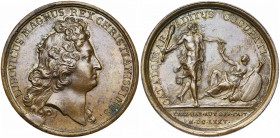 FRANCE, AE médaille, 1675. Campagne de Catalogne. D/ T. de Louis XIV à d. R/ CATALONIAE ADITUS OCCUPATI/ lXXX URB. AUT OPP CAPT Hercule ten. une massu...