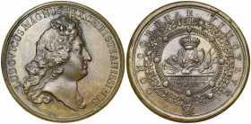 FRANCE, AE médaille, 1675, Le Blanc. Le roi de Pologne Jean Sobieski honoré par le roi de France. D/ T. de Louis XIV à d. R/ CONCORDIAE VINCVLVM Au ce...