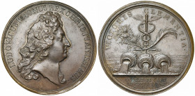 FRANCE, AE médaille, 1676, Le Blanc. Prise de Condé. D/ T. de Louis XIV à d. R/ VICTORIS CLEMENTIA/ CONDAT. VI. CAPT./ AB EXCID. SERVAT. Trois urnes. ...