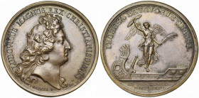 FRANCE, AE médaille, 1677, Mauger. La flotte hollandaise vaincue dans le port de Tobago (Antilles). D/ T. de Louis XIV à d. R/ INCENSA BATAVORUM CLASS...