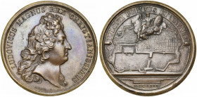 FRANCE, AE médaille, 1680, Dollin. Port de Toulon. D/ T. de Louis XIV à d. R/ TOLONII PORTUS ET NAVALE Pallas assise sur un nuage. En dessous, la vill...