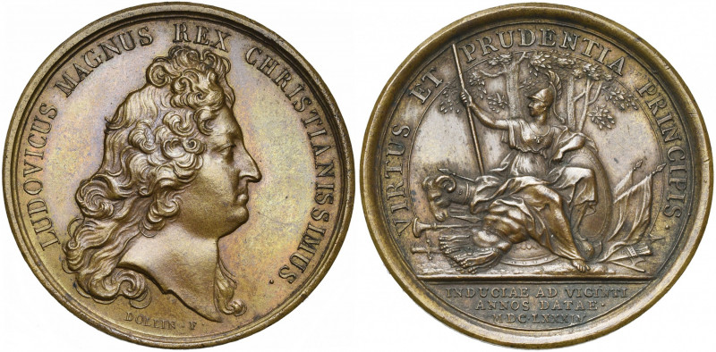 FRANCE, AE médaille, 1684, Dollin. Conclusion de la Trêve de 20 ans. D/ T. de Lo...