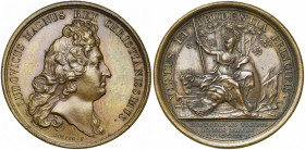 FRANCE, AE médaille, 1684, Dollin. Conclusion de la Trêve de 20 ans. D/ T. de Louis XIV à d. R/ VIRTUS ET PRUDENTIA PRINCIPIS Pallas assise sur un mon...