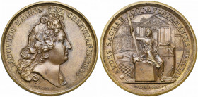 FRANCE, AE médaille, 1686, Dollin. Construction de 300 églises pour les catholiques. D/ T. de Louis XIV à d. R/ AEDES SACRAE CCC A FUNDAMENTIS ERECTAE...