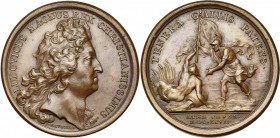 FRANCE, AE médaille, 1697, Mauger. Prise d''Ath par l''armée française. D/ T. de Louis XIV à d. R/ TENERA GALLIS PATENS Un soldat présentant un étenda...