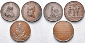 FRANCE, lot de 3 médailles en bronze: 1732, Roettiers, Reconstruction de la ville de Rennes; 1744, Marteau, Erection de la statue de Louis XV à Rennes...