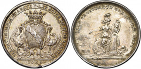 FRANCE, AR médaille, 1769. Illuminations de Paris par les soins de Mr de Sartine. D/ Ecu couronné entre deux griffons. R/ Minerve assise à g., ten. un...
