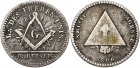 FRANCE, AR jeton maçonnique, 5806 (1806). Loge des Frères unis à l''Orient de Paris. D/ Grand G rayonnant au centre d''un compas et une équerre. R/ AM...