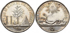 FRANCE, AR jeton maçonnique, 5807 (1807), Adam. Loge de Saint Michel à l''Orient de Paris. D/ Deux colonnes marquées J et B, une hache sur une pierre ...