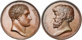 FRANCE, AE médaille, s.d. (1815), Andrieu. Reddition de Napoléon à bord du Bellérophon. D/ T. de l''empereur à d. R/ T. barbue d''Hannibal à g. Bramse...