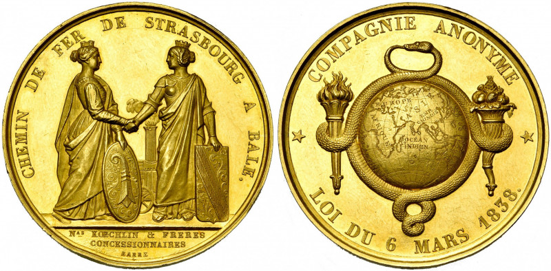 FRANCE, AV médaille, 1838, Barre. Chemin de fer de Strasbourg à Bâle. D/ Les vil...