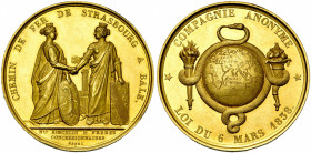 FRANCE, AV médaille, 1838, Barre. Chemin de fer de Strasbourg à Bâle. D/ Les villes de Strasbourg et Bâle, ten. chacune leur écu, se donnant la main d...