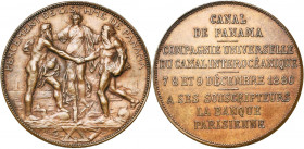 FRANCE, AE jeton, 1880, Roty. Compagnie universelle du canal interocéanique de Panama. D/ PERCEMENT DE l''ISTHME DE PANAMA Sur l''isthme, l''Amérique ...